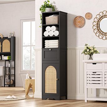Vabches Tall Bathroom Storage Cabinet with Rattan Doors, Drawers and Open Shelves, Boho