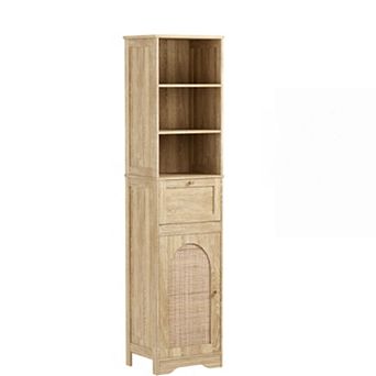 67"H Rattan Bathroom Storage Cabinet, Freestanding Narrow Cabinet with Slide Storage & Rattan Doors