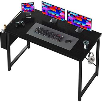 YIORTWO Modern Computer Desk with Side Storage Pocket & Hook, Space-Saving Work Desk