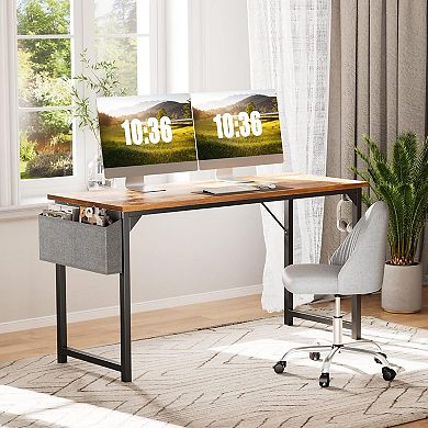 YIORTWO Modern Computer Desk with Side Storage Pocket & Hook, Space-Saving Work Desk