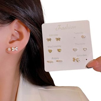 6Pack Mini Floral Stud Earrings for Women - Jewelry Set with Zirconia & Pearl Accents