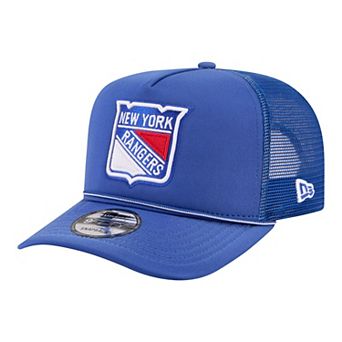 Men's New Era Blue New York Rangers Faded A-Frame 9FIFTY Trucker Snapback Hat