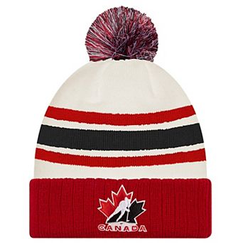Men's New Era White/Red Hockey Canada Milano Cortina 2026 Winter Olympics Striped Cuffed Knit Hat with Pom