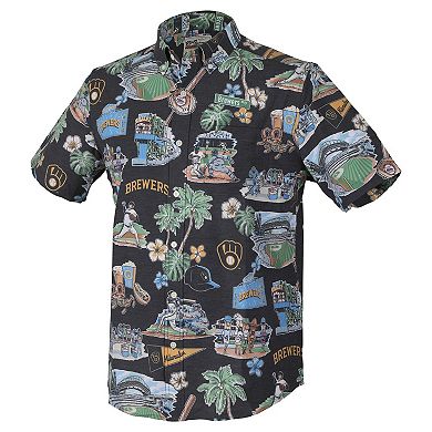 Men's Reyn Spooner Navy Milwaukee Brewers Big & Tall Scenic Performance Tri-Blend Aloha Button-Down Shirt