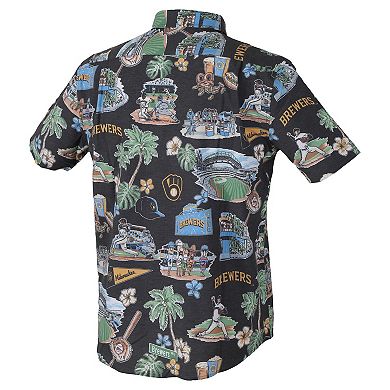 Men's Reyn Spooner Navy Milwaukee Brewers Big & Tall Scenic Performance Tri-Blend Aloha Button-Down Shirt