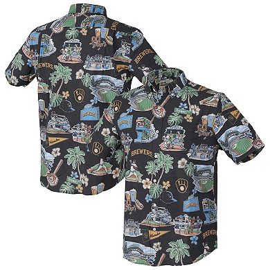 Men's Reyn Spooner Navy Milwaukee Brewers Big & Tall Scenic Performance Tri-Blend Aloha Button-Down Shirt