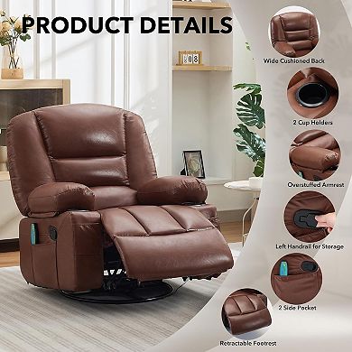 Oversized Swivel Rocker Recliner with Heat and Massage - With Cup Holders and Side Pocket