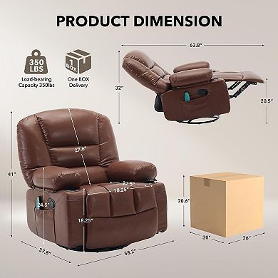 Oversized Swivel Rocker Recliner with Heat and Massage - With Cup Holders and Side Pocket