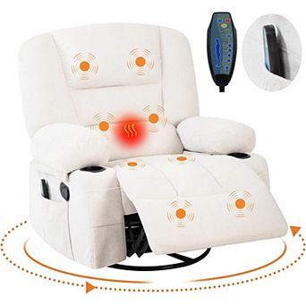 Oversized Swivel Rocker Recliner with Heat and Massage - With Cup Holders and Side Pocket