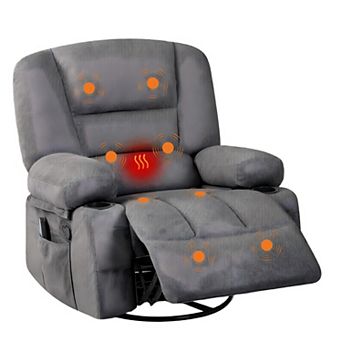 Oversized Swivel Rocker Recliner with Heat and Massage - With Cup Holders and Side Pocket