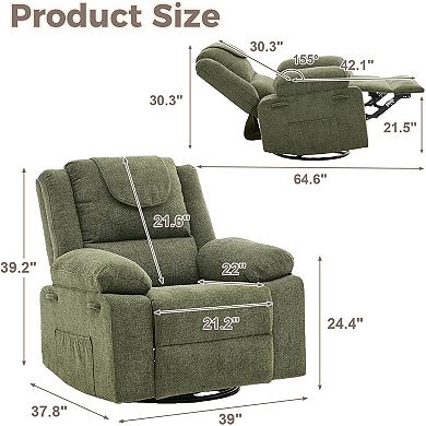 Oversized 360° Swivel Rocker Recliner - Single Sofa with Vibration Massage and Heating