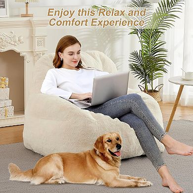 Oversized Faux Fur Bean Bag Chair - Stuffed Floor Couch with Carry Handle for Adults