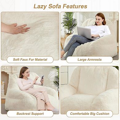 Oversized Faux Fur Bean Bag Chair - Stuffed Floor Couch with Carry Handle for Adults