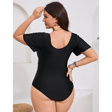 Women's Plus Size V-Neck Short Sleeve One Piece Swimsuit