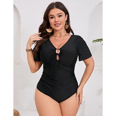Women's Plus Size V-Neck Short Sleeve One Piece Swimsuit