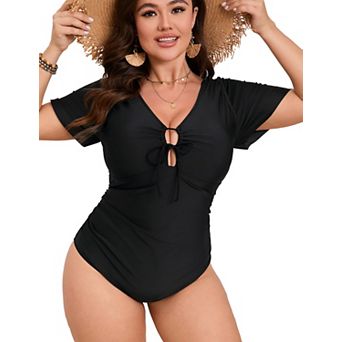 Women's Plus Size V-Neck Short Sleeve One Piece Swimsuit