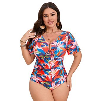Women's Plus Size V-Neck Short Sleeve One Piece Swimsuit