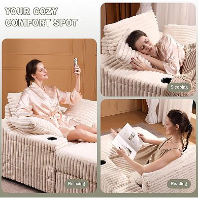 Oversized Chaise Lounge with Storage Ottoman - Corduroy Upholstered Sleeper Sofa Chair