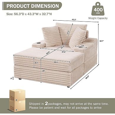 Oversized Chaise Lounge with Storage Ottoman - Corduroy Upholstered Sleeper Sofa Chair