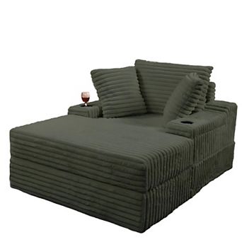 Oversized Chaise Lounge with Storage Ottoman - Corduroy Upholstered Sleeper Sofa Chair
