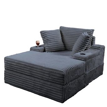 Oversized Chaise Lounge with Storage Ottoman - Corduroy Upholstered Sleeper Sofa Chair