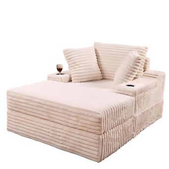 Oversized Chaise Lounge with Storage Ottoman - Corduroy Upholstered Sleeper Sofa Chair