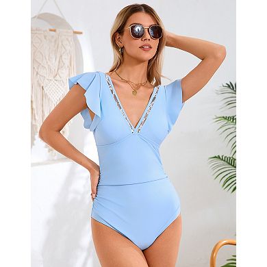 Womens Summer Tummy Control Bathing Suits Slimming Ruffle Swimsuit One Piece Swimwear