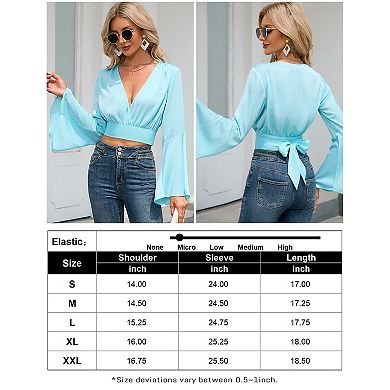Women's V Neck Bell Long Sleeve Wrap Front Cropped Casual T Shirt