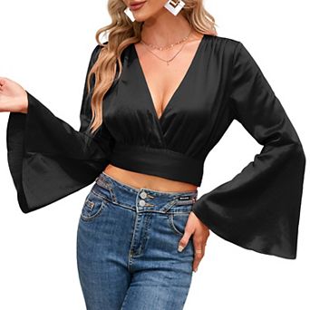 Women's V Neck Bell Long Sleeve Wrap Front Cropped Casual T Shirt