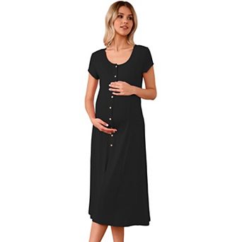 Women's U-Neck Long Knit Maternity Dress with Short Sleeves Button Front