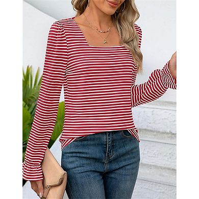 Women's Square Neck Striped Long Sleeve T-Shirt Casual Soft Top
