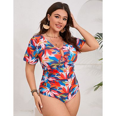 Women's Plus Size Short Sleeve V-Neck One Piece Swimsuit