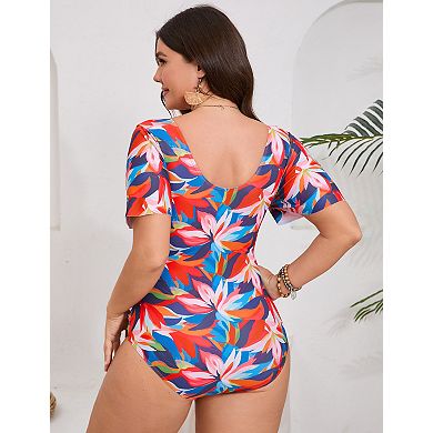 Women's Plus Size Short Sleeve V-Neck One Piece Swimsuit