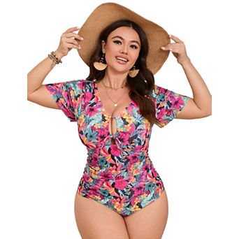 Women's Plus Size Short Sleeve V-Neck One Piece Swimsuit