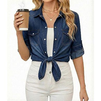 Women's V Neck Denim Button Down Shirt Long Sleeve