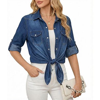 Women's V Neck Denim Button Down Shirt Long Sleeve