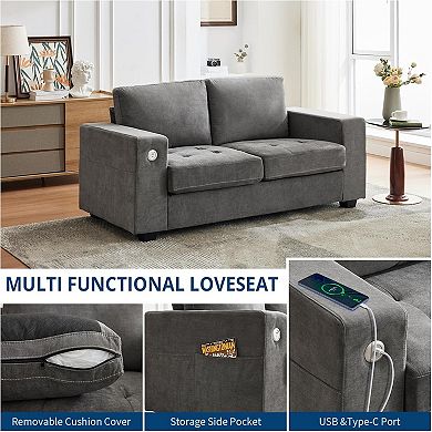 Plush Cloud Loveseat with USB Charging Ports, Machine-Washable Cover and Deep Chenille Seat