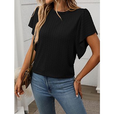 Women's Short Sleeve Solid Color Round Neck Ruffled T-Shirt