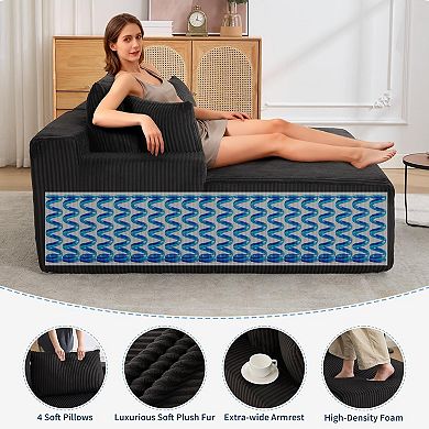 Oversized Corduroy Double Chaise Sofa with Pillows - No Assembly Cloud Sleeper Loveseat
