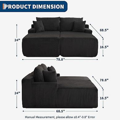 Oversized Corduroy Double Chaise Sofa with Pillows - No Assembly Cloud Sleeper Loveseat