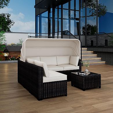 Outdoor Daybed Set with Retractable Canopy and Adjustable Backrests - Patio Lounge Set
