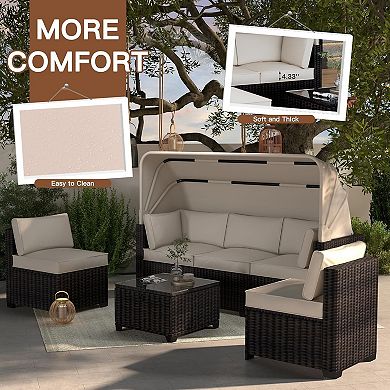 Outdoor Daybed Set with Retractable Canopy and Adjustable Backrests - Patio Lounge Set