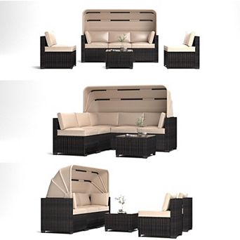 Outdoor Daybed Set with Retractable Canopy and Adjustable Backrests - Patio Lounge Set