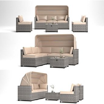 Outdoor Daybed Set with Retractable Canopy and Adjustable Backrests - Patio Lounge Set