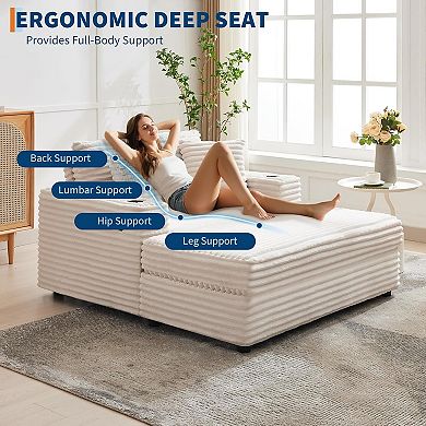 Oversized Chaise Lounge with USB Charging and Cup Holder - Corduroy Sofa Bed with Throw Pillows