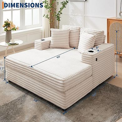 Oversized Chaise Lounge with USB Charging and Cup Holder - Corduroy Sofa Bed with Throw Pillows