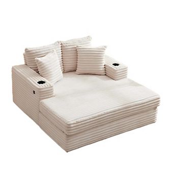 Oversized Chaise Lounge with USB Charging and Cup Holder - Corduroy Sofa Bed with Throw Pillows