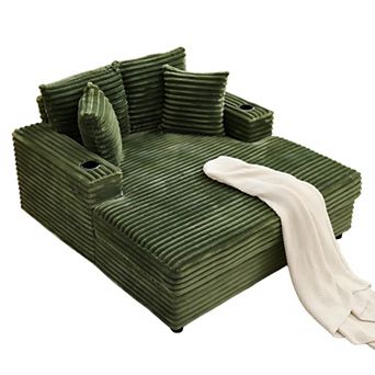 Oversized Chaise Lounge with USB Charging and Cup Holder - Corduroy Sofa Bed with Throw Pillows