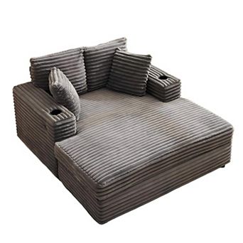 Oversized Chaise Lounge with USB Charging and Cup Holder - Corduroy Sofa Bed with Throw Pillows