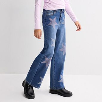 Girls 7-16 Gogo Star Wide Leg Jeans with Multi-Color Rhinestone Star Detail
